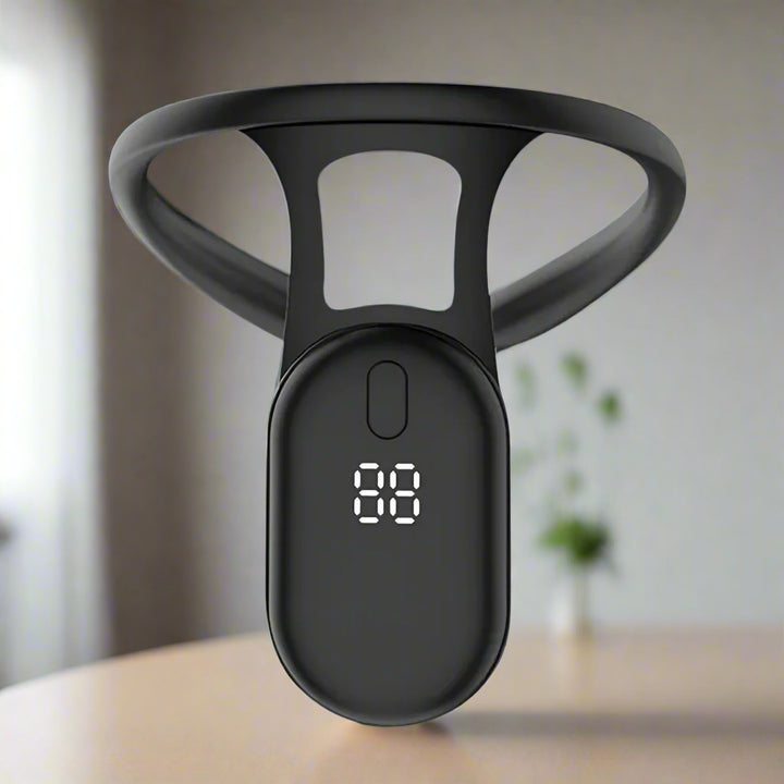 PostureMaster Smart Back Corrector device in sharp focus with a blurred room bacground, highlighting the product's ergonomic design.
