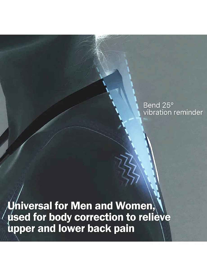 
Side view of a shoulder showing 25-degree measurement with vibration reminder for bending; suitable for women, men, and children; used for posture correction to relieve upper and lower back pain.