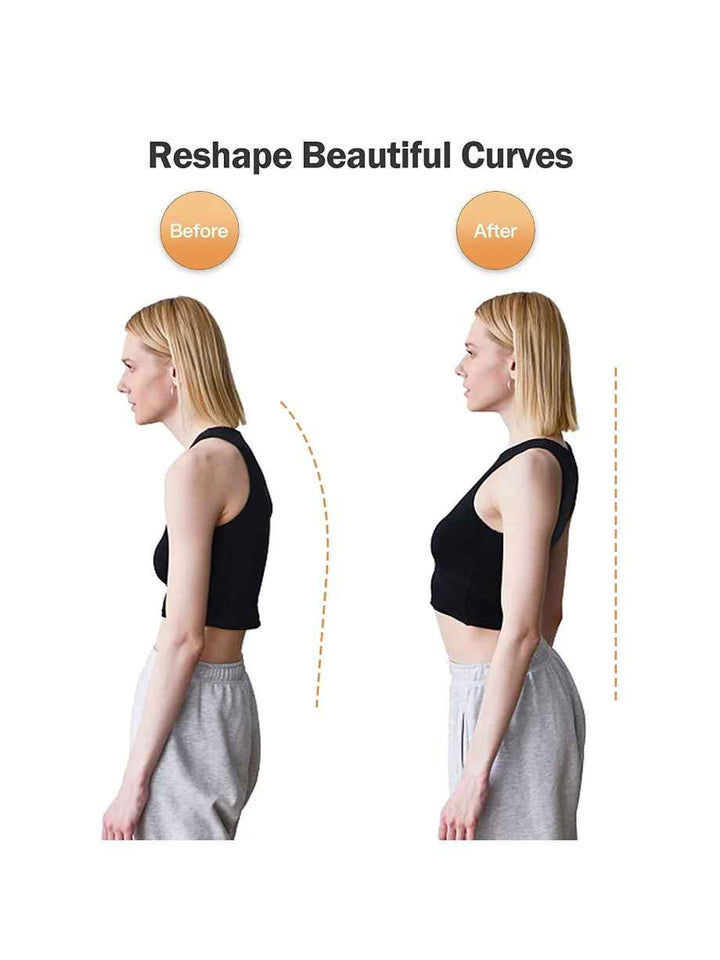 
Side view of a woman showing posture before and after using the PostureMaster smart back corrector device.