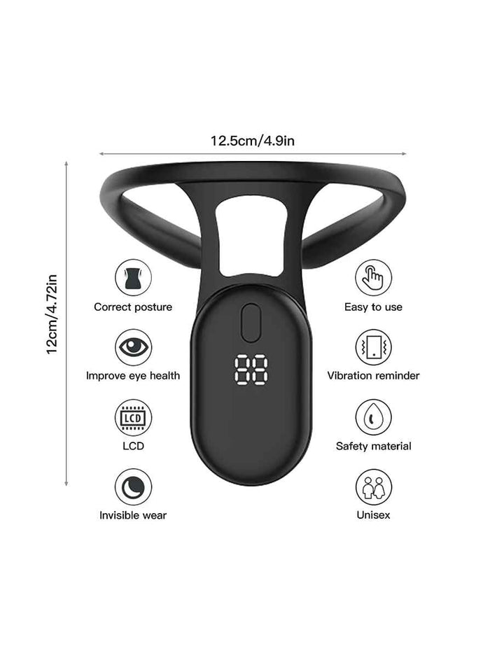 
Front view of the PostureMaster Smart Back Corrector showing detailed specifications and measurements drawn alongside the device.