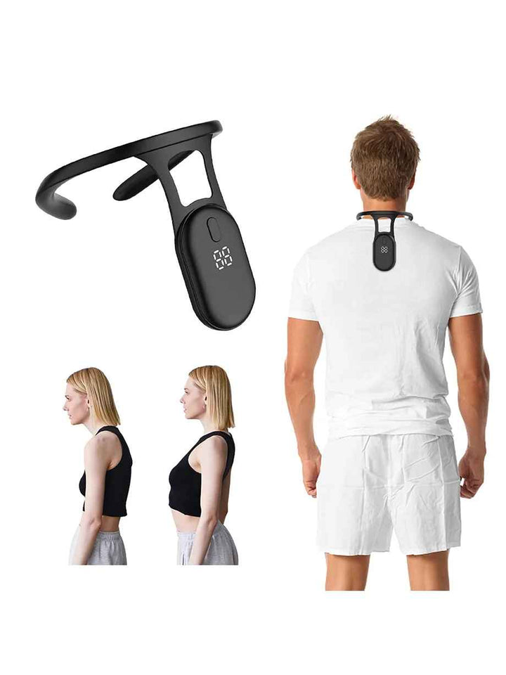 
Composite image showing a man wearing the PostureMaster Smart Back Corrector from the back, alongside two side views of a woman: first with slouched posture without the device, second with straight posture using the device, and a separate close-up image of the device itself.
