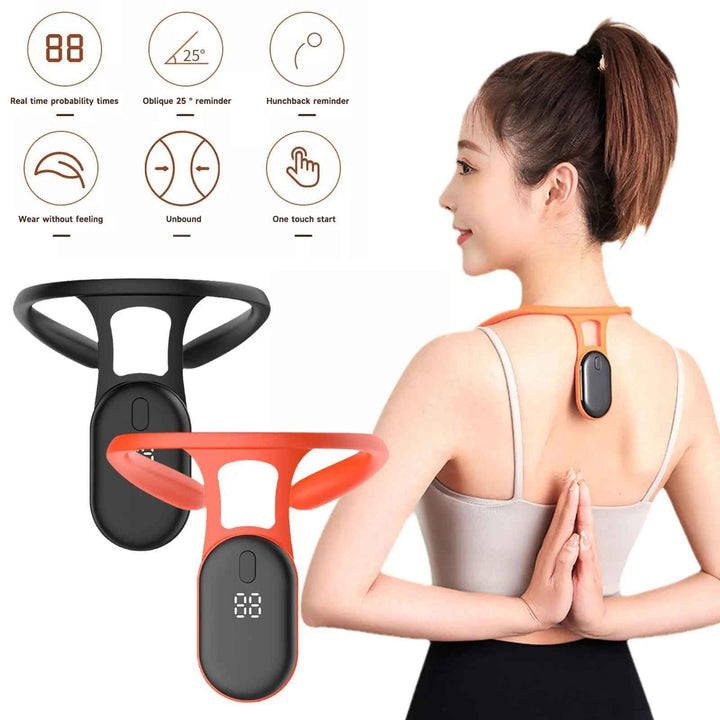 
Composite image showing a woman from the back with her face turned halfway, displaying the upper half of her body and head. Two PostureMaster Smart Back Correctors in orange and black are shown alongside a list of device features and specifications.